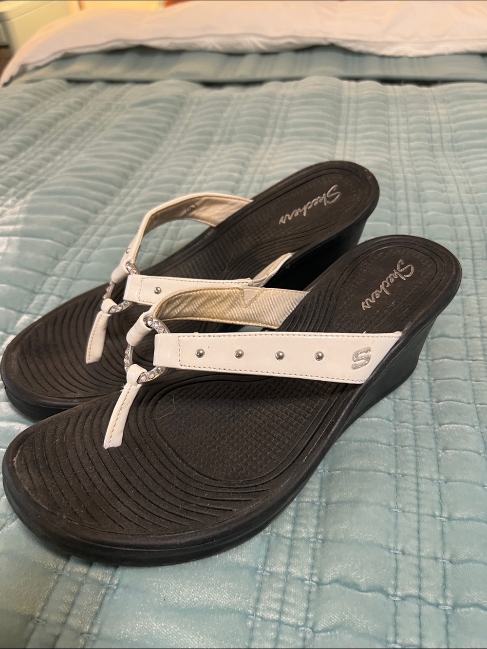 Skechers Black Wedge Sandals with White Studded Straps